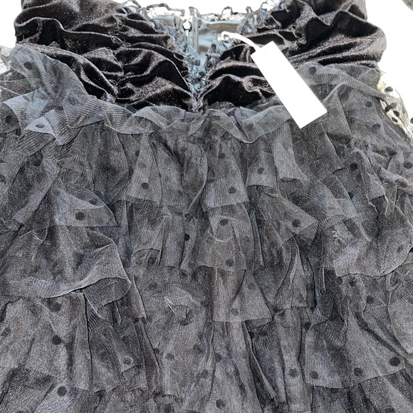 For Love And Lemons Jourdan Black Ruffle Polka Dot Mini Dress/Bodysuit w Gloves - Picture 3 of 10